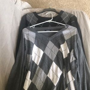 2 Black, gray, + white argyle longsleeve sweaters